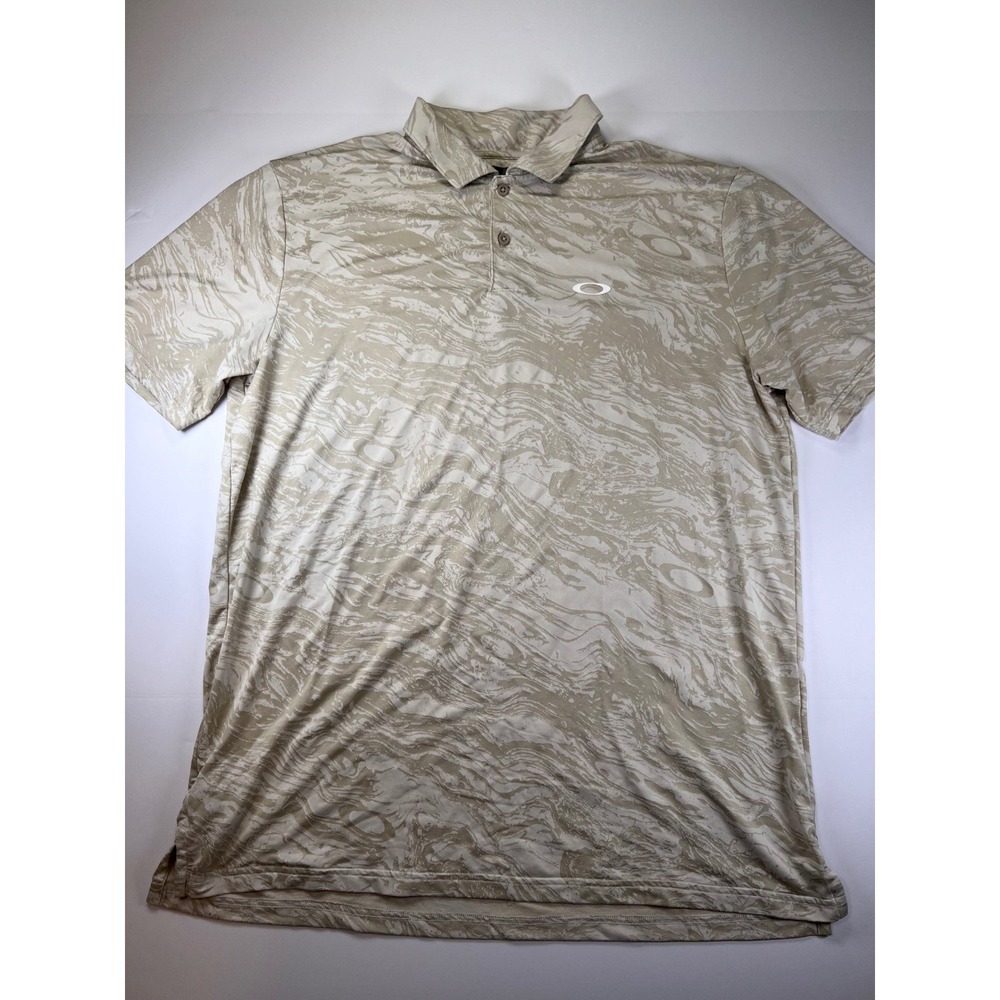 Oakley Polo Shirt Mens XL Tan Hydrolix Regular Fit Swirl Pattern Short Sleeve